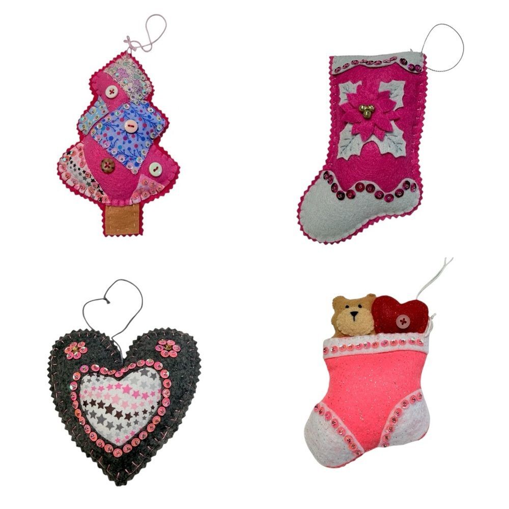 Hand Crafted Felt Ornaments Christmas Valentines Embellished Set of Four